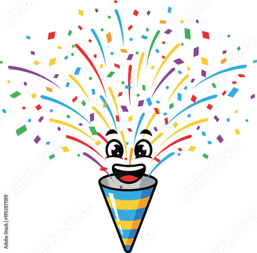 A joyful cartoon confetti popper character with a smiling face explodes with a burst of colorful streamers and square confetti against a clean white background, symbolizing celebration and fun.