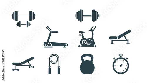 Fitness Equipment Icons: Dumbbells, Treadmill, Bike, Bench, Jump Rope, Kettlebell, Stopwatch