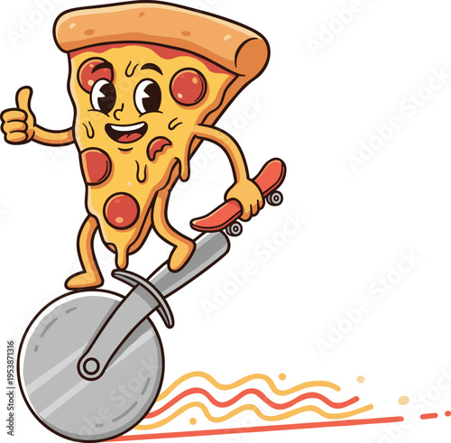A cheerful cartoon pizza slice character with arms and legs rides a skateboard fashioned from a pizza cutter. The character gives a thumbs up.
