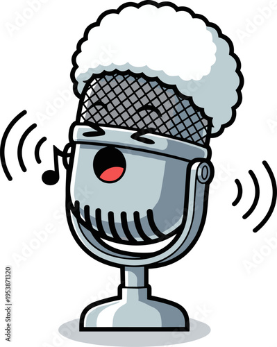 A happy retro microphone character with a fluffy top, singing with open mouth and musical notes, emitting sound waves. Cartoon illustration.