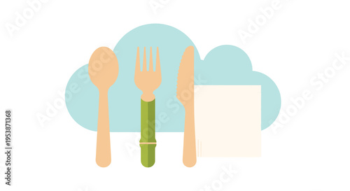 Three wooden utensils, including a fork with a green handle, and a white napkin are displayed against a light blue cloud shape.
