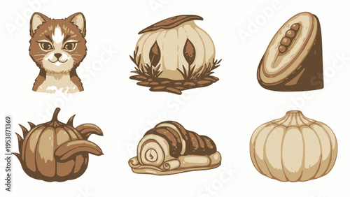 Sepia tone icons show cat head and gourds.