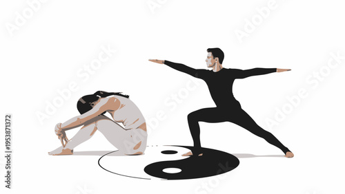 People show yin and yang balance with yoga poses.