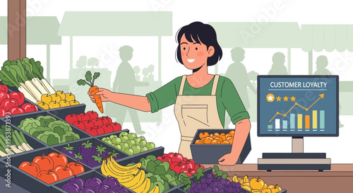Smiling woman farmer selling fresh organic vegetables at market stall 1.