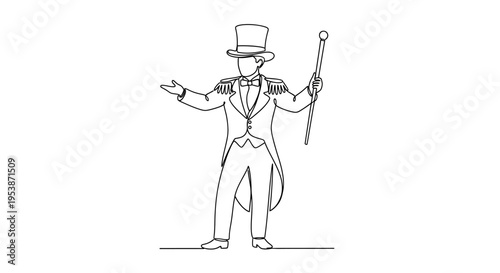 Circus Ringmaster, Top Hat, Tuxedo, Cane, Continuous Line Art