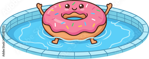A pixel art illustration of a pink frosted donut with sprinkles enjoying a swim in a blue tiled pool. The donut has a happy face and arms raised.
