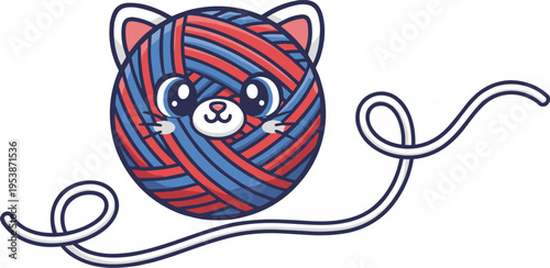 A pixel art illustration of a cat's face made from a ball of red and blue striped yarn with a white string trailing off to the side. Features large, expressive eyes.