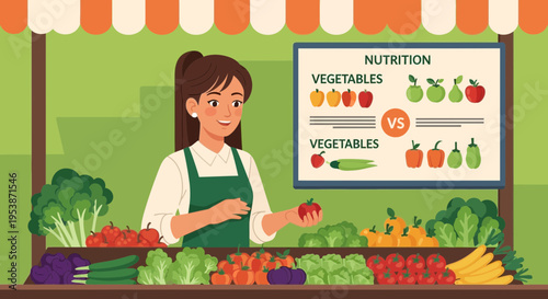 Smiling woman selling fresh vegetables at a market stall.