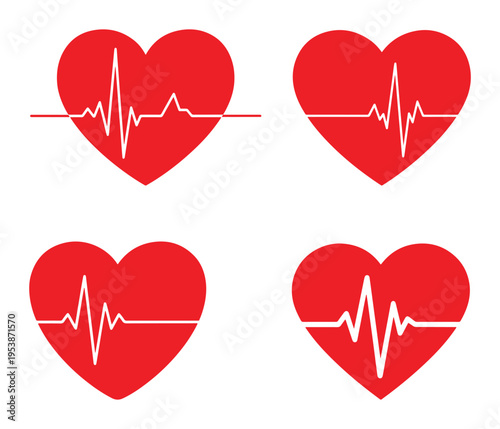 Four heart shapes with electrocardiogram lines representing heartbeats