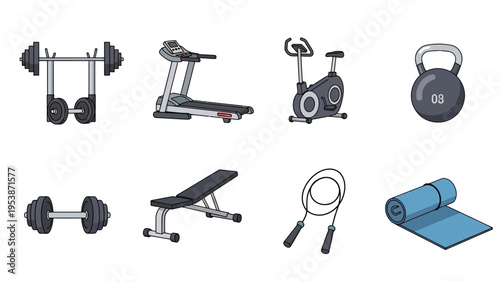 Gym Equipment Collection: Treadmill, Dumbbells, Bench, Kettlebell, Yoga Mat, Bike