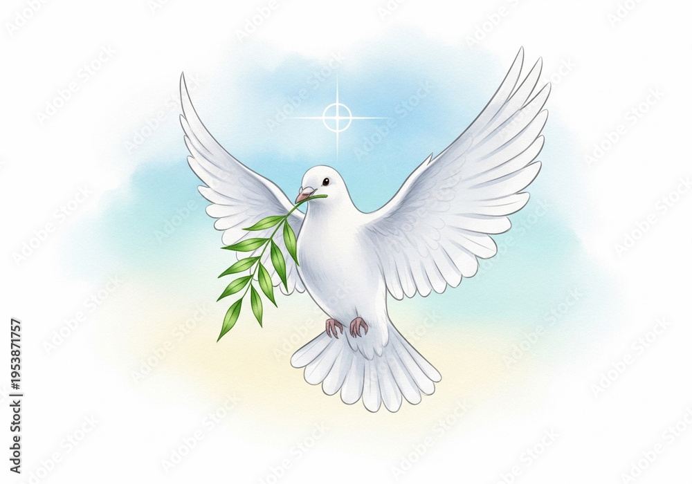 Fototapeta premium Clean spiritual illustration of flying white dove holding green olive branch with gentle pastel background, ideal for faith-based designs, peace themes or Easter materials.