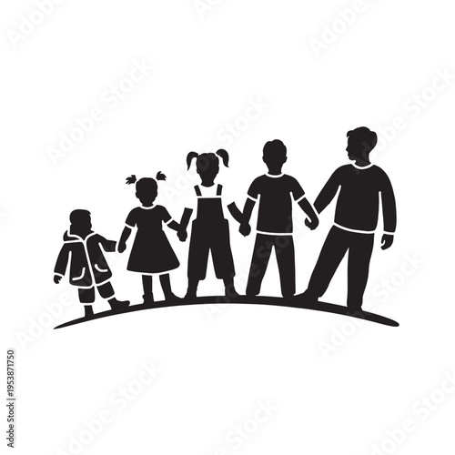 A black silhouette illustration of five children of different ages standing together in a line Vector