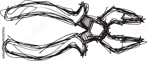 Hand drawn sketch of pliers tool with rough lines, mechanical instrument for gripping and cutting