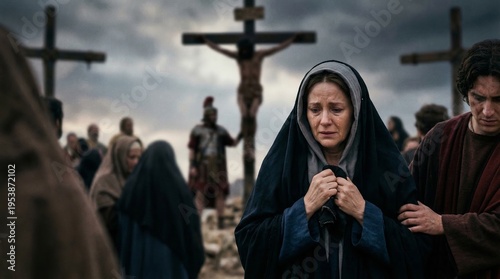 A grieving woman, the mother of Christ, in dark clothing near a crucifixion scene with crosses and a stormy sky in a dramatic biblical context.