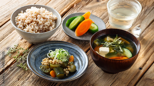 Healthy Japanese Breakfast with Brown Rice and Miso Soup / 玄米と味噌汁のヘルシーな和朝食