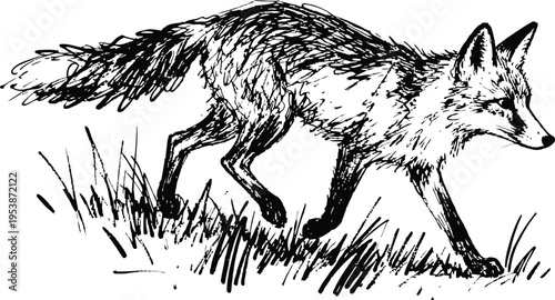 black and white vintage illustration of a fox walking through grass, detailed wildlife animal drawing