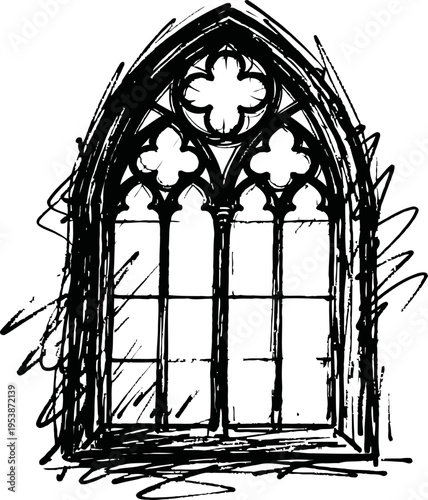 Gothic arched window with decorative tracery in hand drawn black sketch