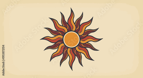 Vibrant Sun Symbol with Red Orange and Dark Brown Rays on Light Beige Background