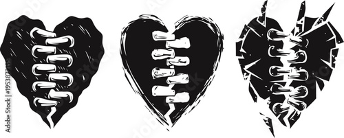 black torn hearts with stitches in grunge set of three distressed love symbols with laces and cracks