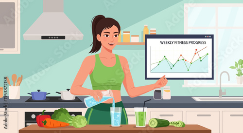 Woman in Kitchen Showing Fitness Progress Chart.