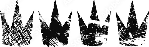 grunge crown shapes set with textured distressed brush strokes in black on white background