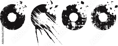 set of black grunge circular shapes with distressed texture and worn rough edges