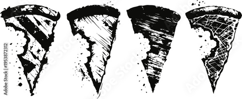 Four black grunge pizza slices with different bite marks and distressed texture