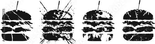 Abstract distressed burger silhouettes in black and white artistic