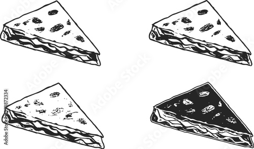 Four cheese pizza slices illustration in different shading styles isolated on white background