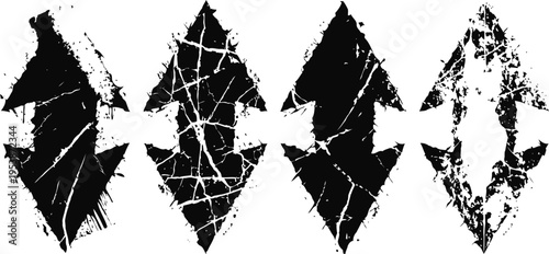 black arrow silhouettes with cracked texture and grunge isolated on white background