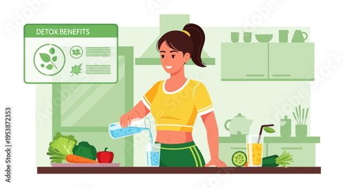 Woman pouring water into glass surrounded by healthy food.