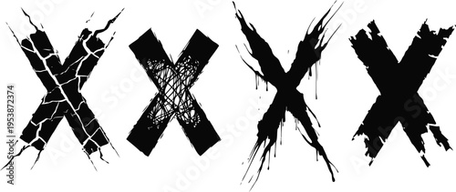 Four black grunge x marks with cracks, scratches, splatters, and distressed textures