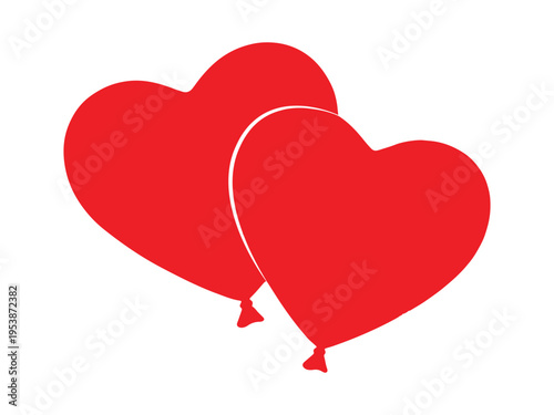 Two red heart-shaped balloons floating together in the air