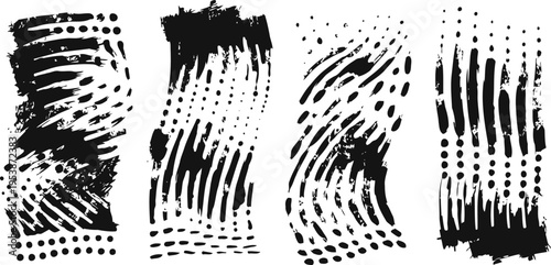 Abstract black brush stroke textures on white background grunge paint splatter and artistic ink patterns set