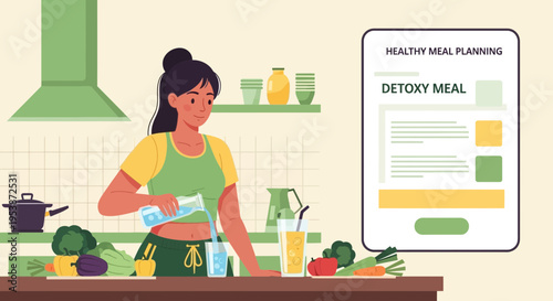 Woman preparing healthy detox meal in kitchen with digital app.