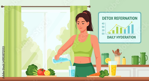 Woman preparing healthy detox drink with fresh vegetables and fruits.