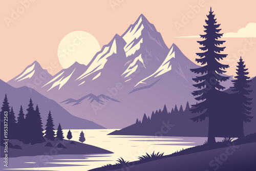 Stylized mountain landscape with a river and rising sun