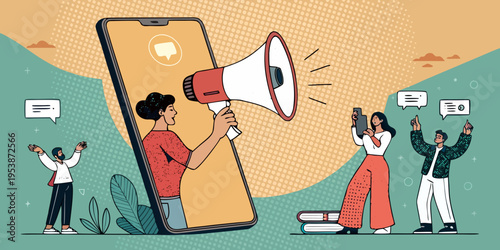 3D illustration of a businessman and businesswoman in the city shouting an announcement through a megaphone to communicate a creative business idea character concept