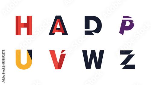 Modern Alphabet Letters H, A, D, P, U, V, W, Z in Flat Design