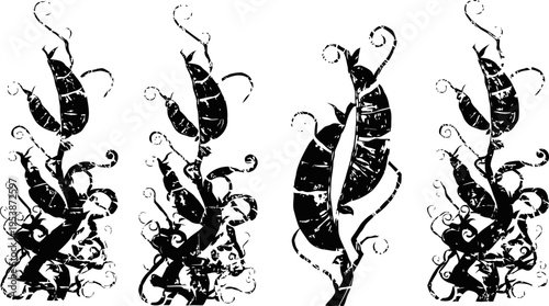 Abstract black pea pods with curly tendrils on white background, botanical decorative silhouette design