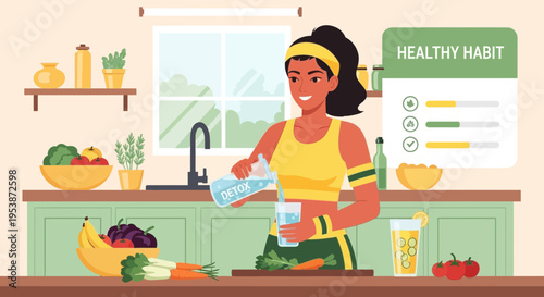 Woman preparing healthy drink in kitchen after workout.