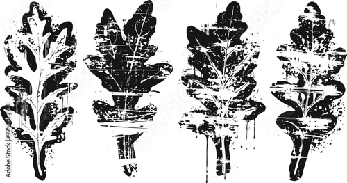 grunge black oak leaf silhouettes with distressed texture and irregular edges