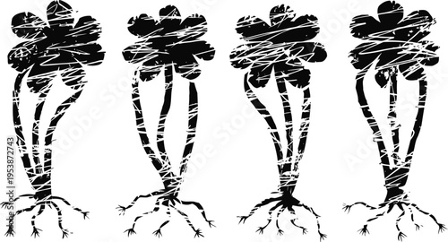 Four radish silhouettes with roots and leaves isolated on white background