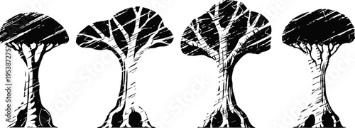 four stylized black and white tree silhouettes with textured bark and canopy designs