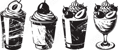 Hand drawn desserts in cups with whipped cream and fruit toppings, artistic black and white sketch