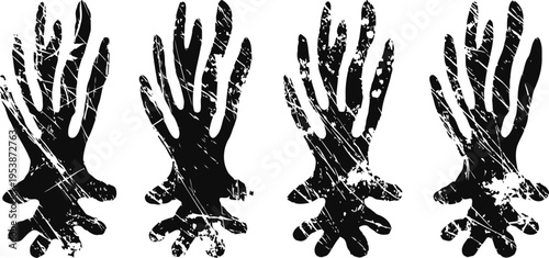 Grunge black hand silhouettes with distressed texture in different poses isolated on white
