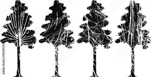 black grunge tree silhouettes with textured bark and foliage shapes set