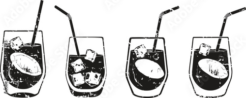 Four hand drawn glasses with lemon slices, ice cubes, and straws, refreshing summer drinks illustration