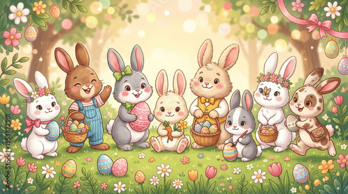 Kawaii Easter Bunny Group in a Sunny Spring Meadow with Decorated Eggs