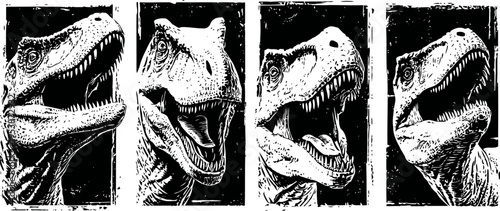 close up sequence of a roaring tyrannosaurus rex dinosaur head in black and white